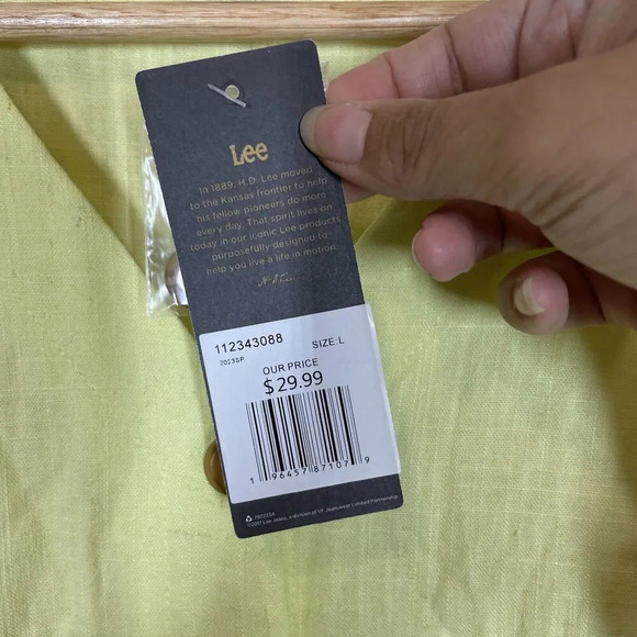 lee yellow linen blend peplum button front top womens size L short sleeve - Picture 2 of 11
